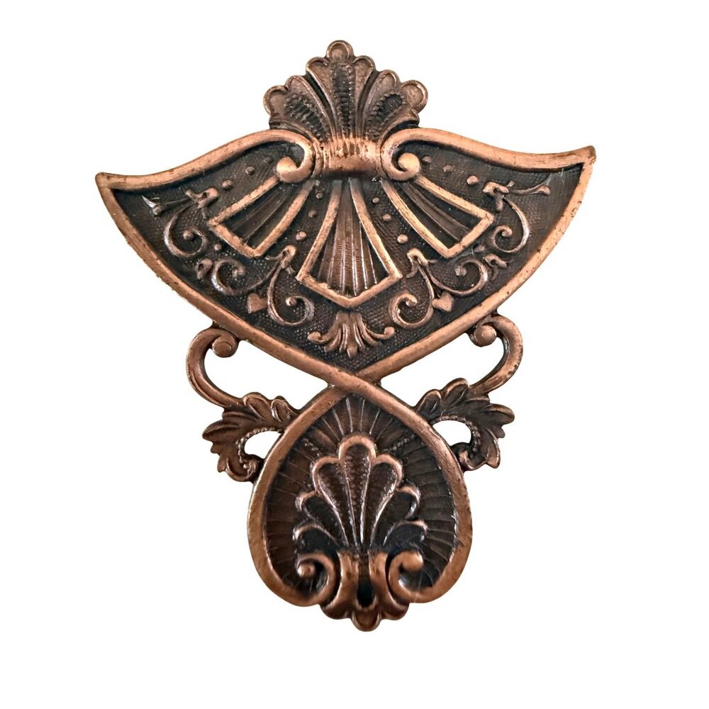 Vintage Ornate Brass Fan Brooch w Scrollwork & Shell Details Estate Jewelry Pin